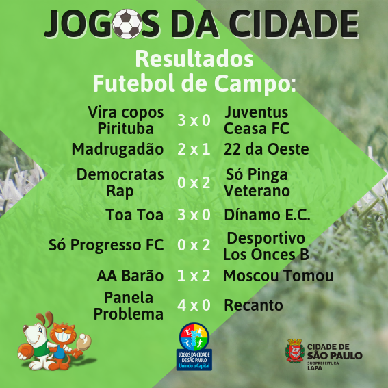 imagem mostra arte feita para os Jogos da Cidade com o resultado dos jogos de futebol de campo do fim de semana do dia 19/05.